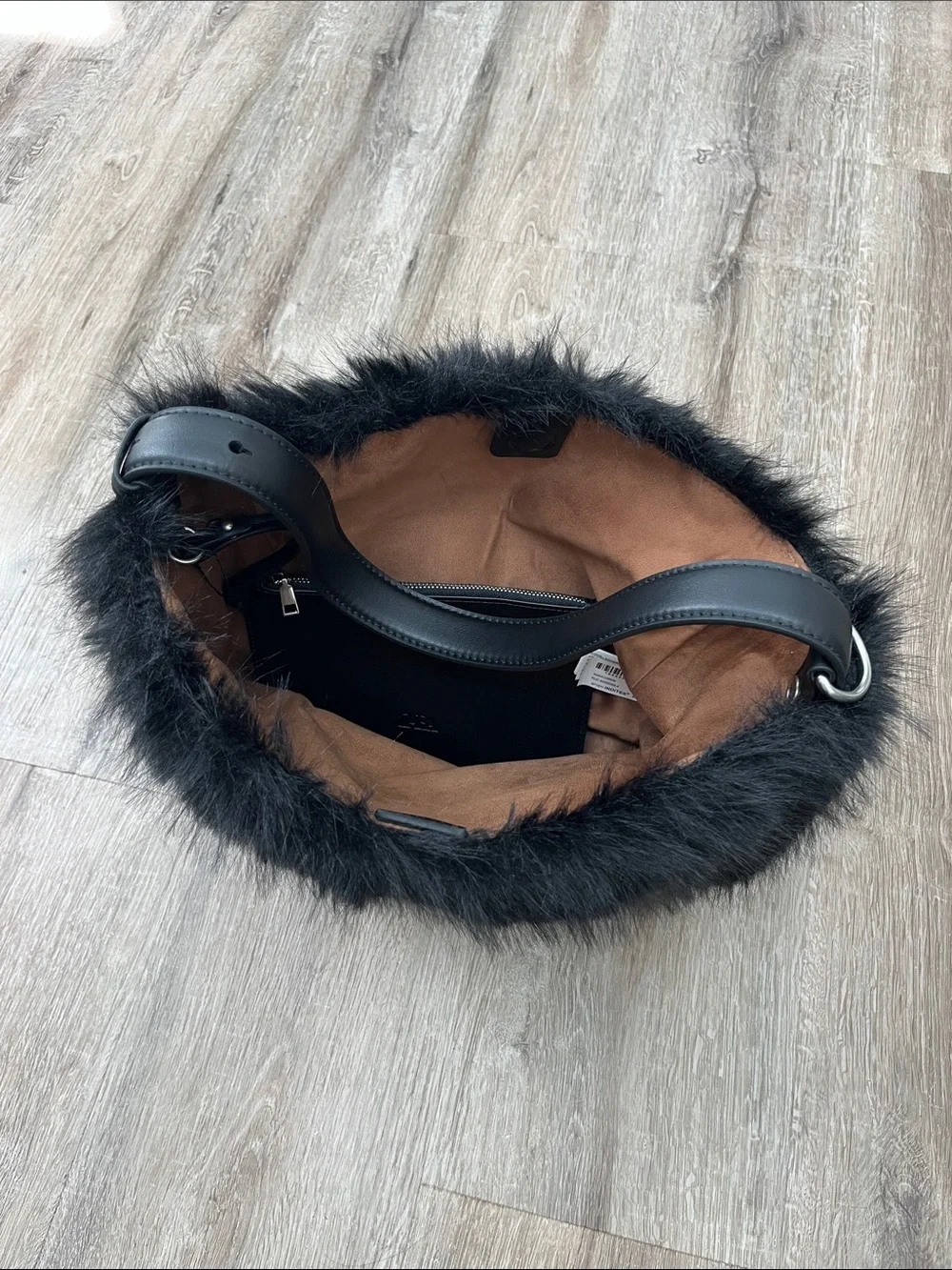 Zara Black Faux-Fur Hobo Bag with Adjustable Strap